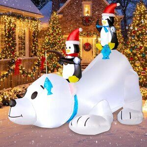 ⚡6FT Christmas Inflatables Cute Polar Bear with Penguins Outdoor Decorations